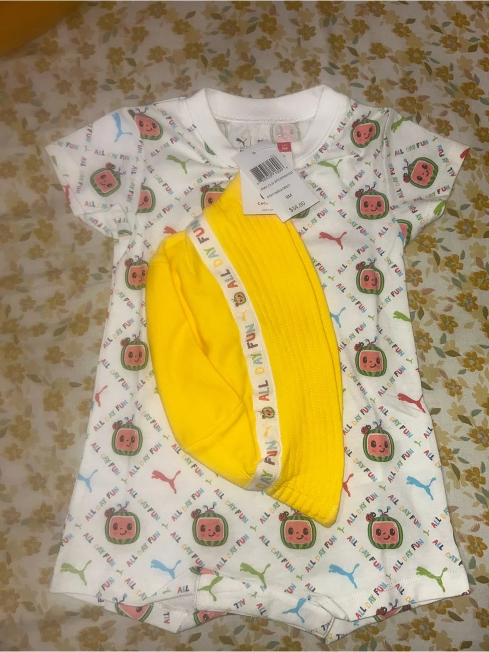 Puma Infant Bodysuit with Yellow Accent and Multicolor Print